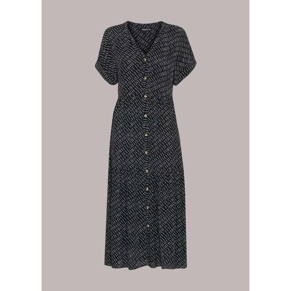 Whistles Geo Print Tiered Dress Black White Midi Button Front‎ V-Neck EcoVero 8